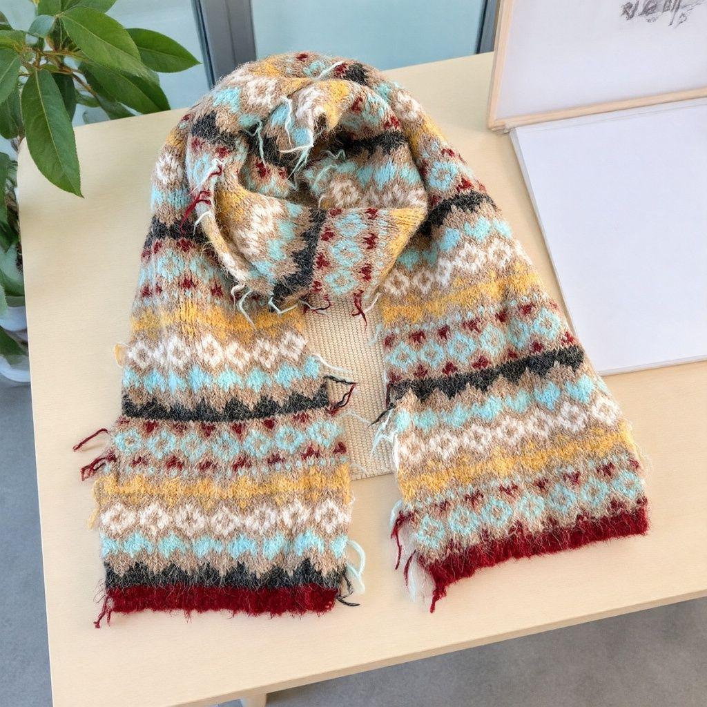 Women s Fair Isle Ethnic Wool Scarf - Warm, Thick, Retro Style for Fall & Winter