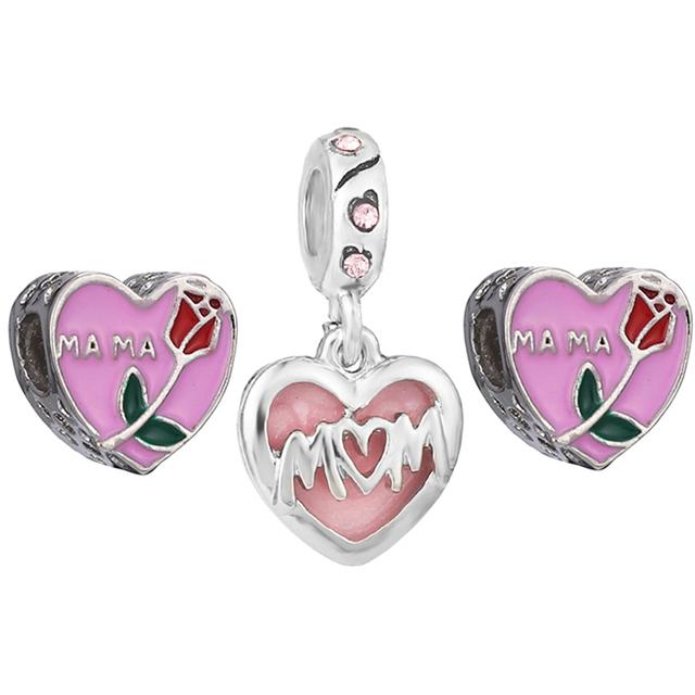 3pcs /Lot Pink Love Heart Beads Enamel Mom Pendant Fit Diy Brand Charm Bracelets Necklaces For Women Mother Jewelry Making