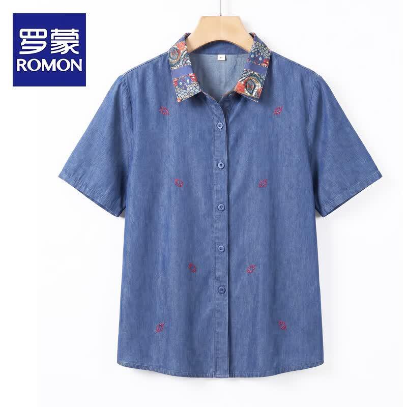 ROMON Women s Summer Cotton Denim Embroidered Short Sleeve Cardigan Shirt XL