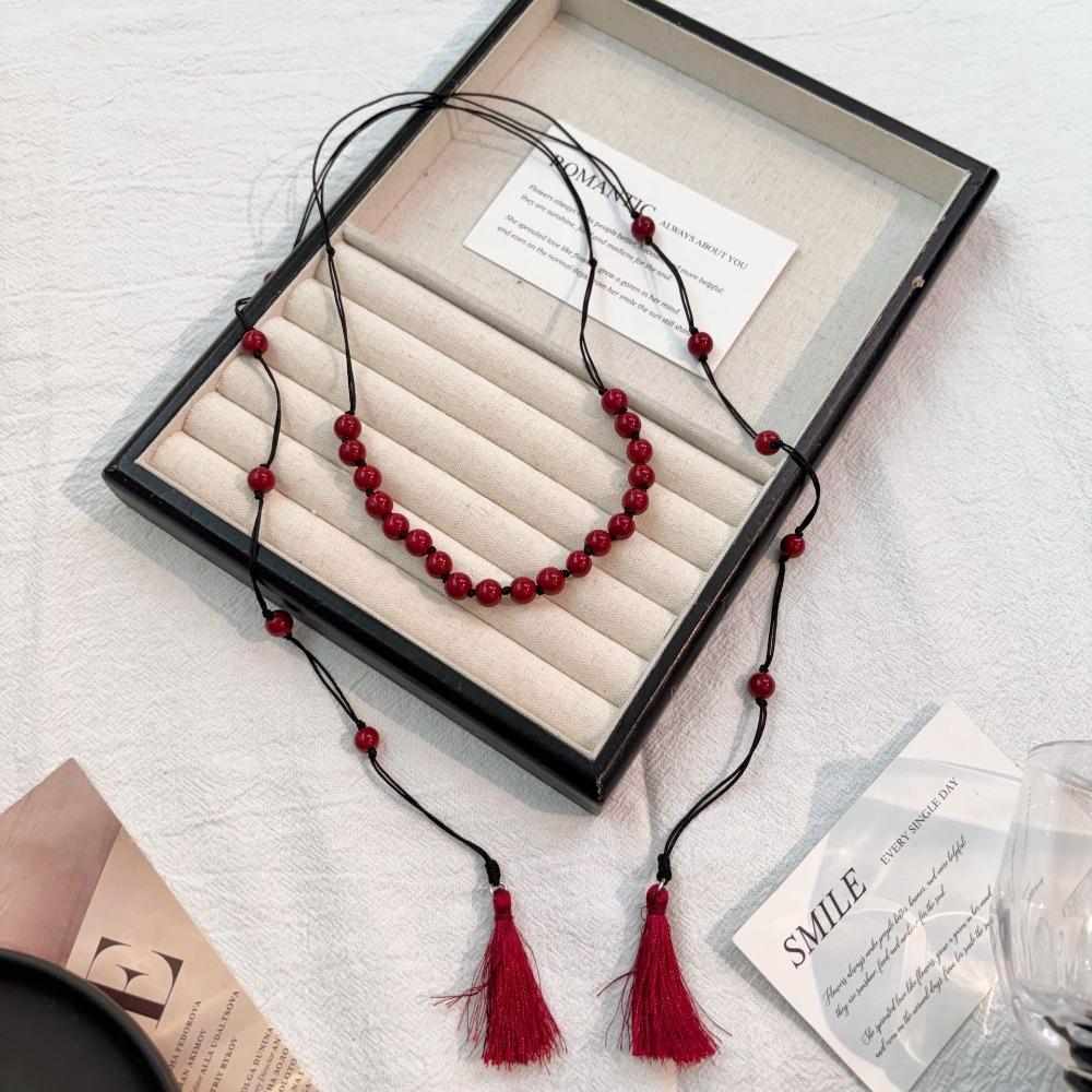 Fashion Personality Red Glass Bead Beaded Tassels Necklace for Women Retro Ethnic Double-layer Fold Wear Sweater Chain Jewelry