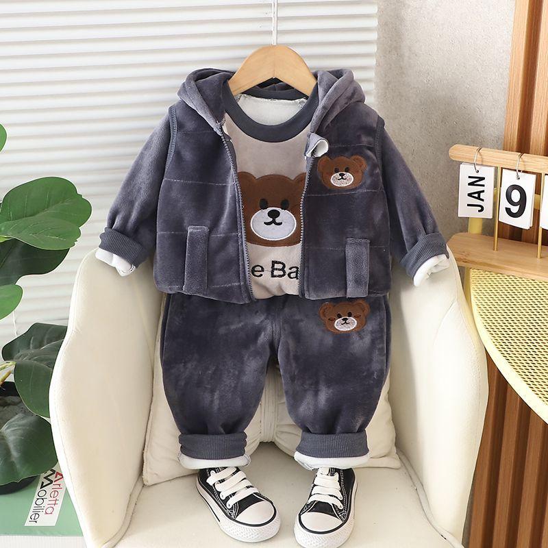 Baby Boys Clothing Set Autumn Winter Cartoon Thick Hooded Jacket Coat Pants 3Pc Suit for Kids Warm Outfits