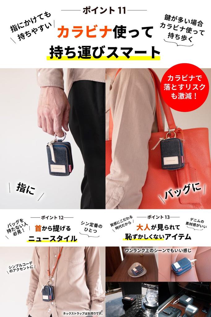 Need Network Smart Key Case, Holds 2 Keys, Made in Japan with Denim, Men's Key Case with Carabiner, Indigo Blue