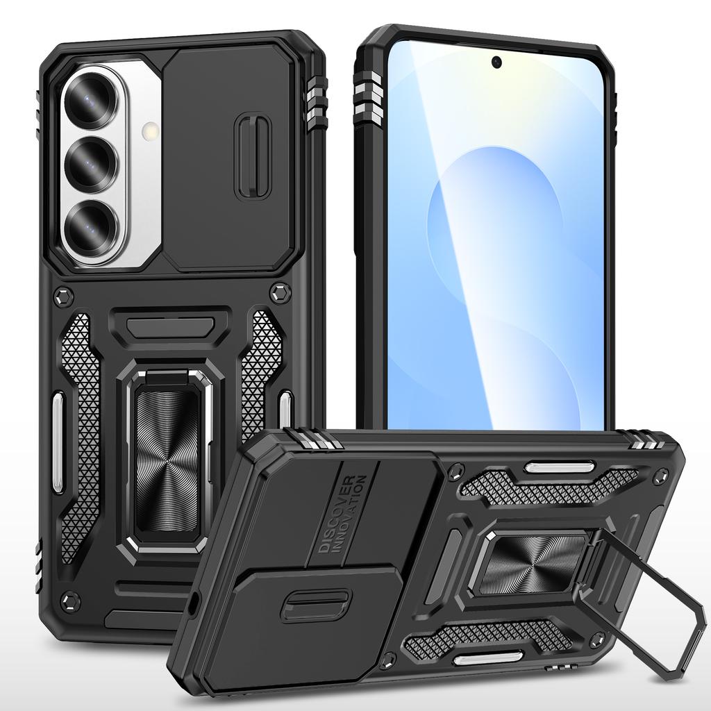 For Samsung Galaxy S26 Case Kickstand Slide Lens Lid PC + TPU Drop-Proof Phone Cover