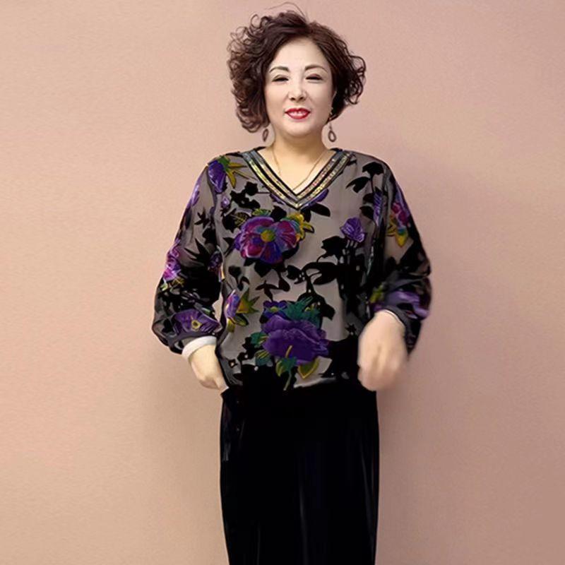 Spring Women's Velvet Blouse Rhinestone V-Neck Flocked Silk Blouse Soft Skin-Friendly Loose Plus-Size Blouse