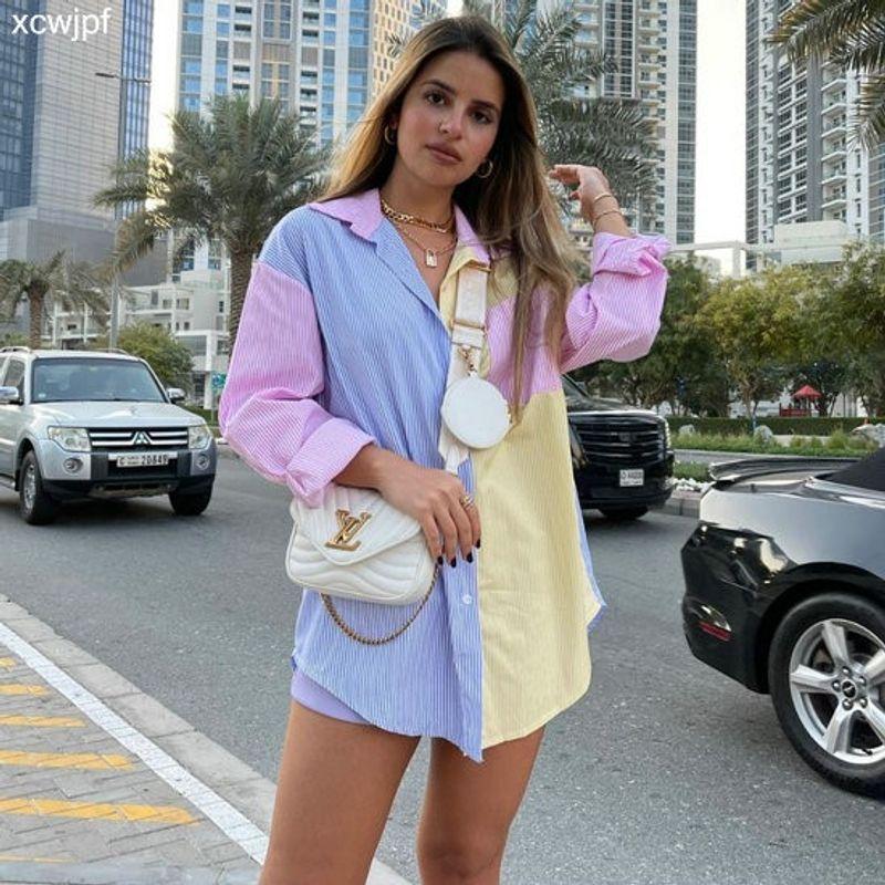 Pinstripe Color Matching Color Contrast Loose Boyfriend Style Shirt Longer in the Rear Long Sleeves Beach Summer New Arrival European and American Hot