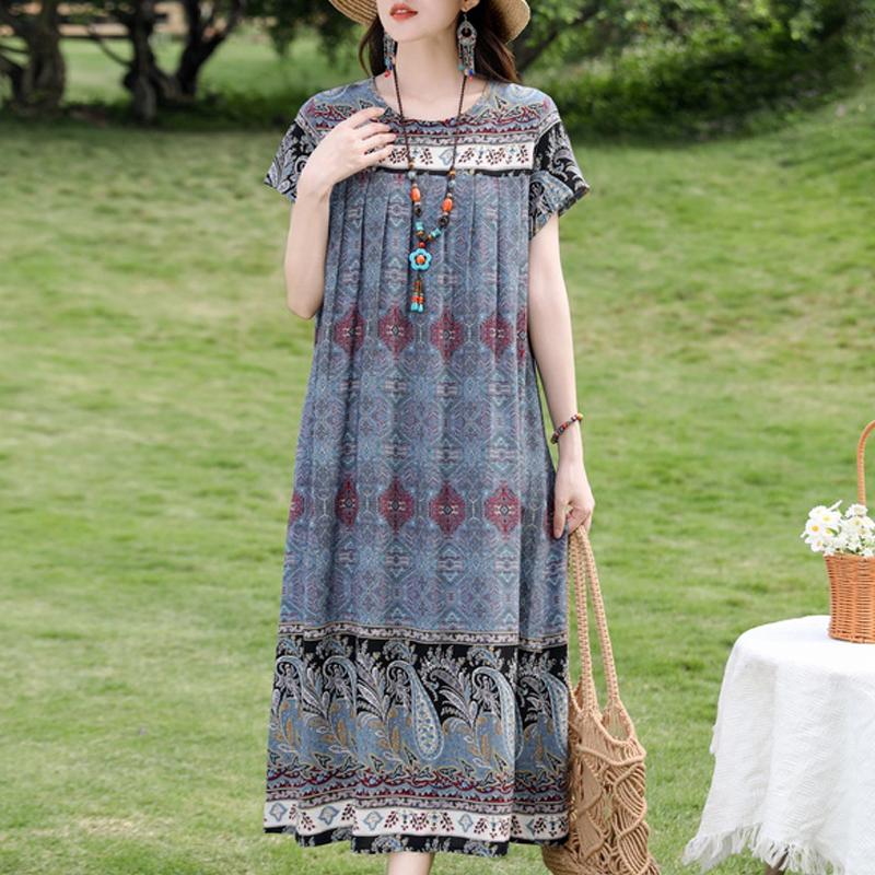 Damen Plus Size Boho-Print Maxikleid, Kurzarm Freizeit-Sonnenkleid (XL-5XL)