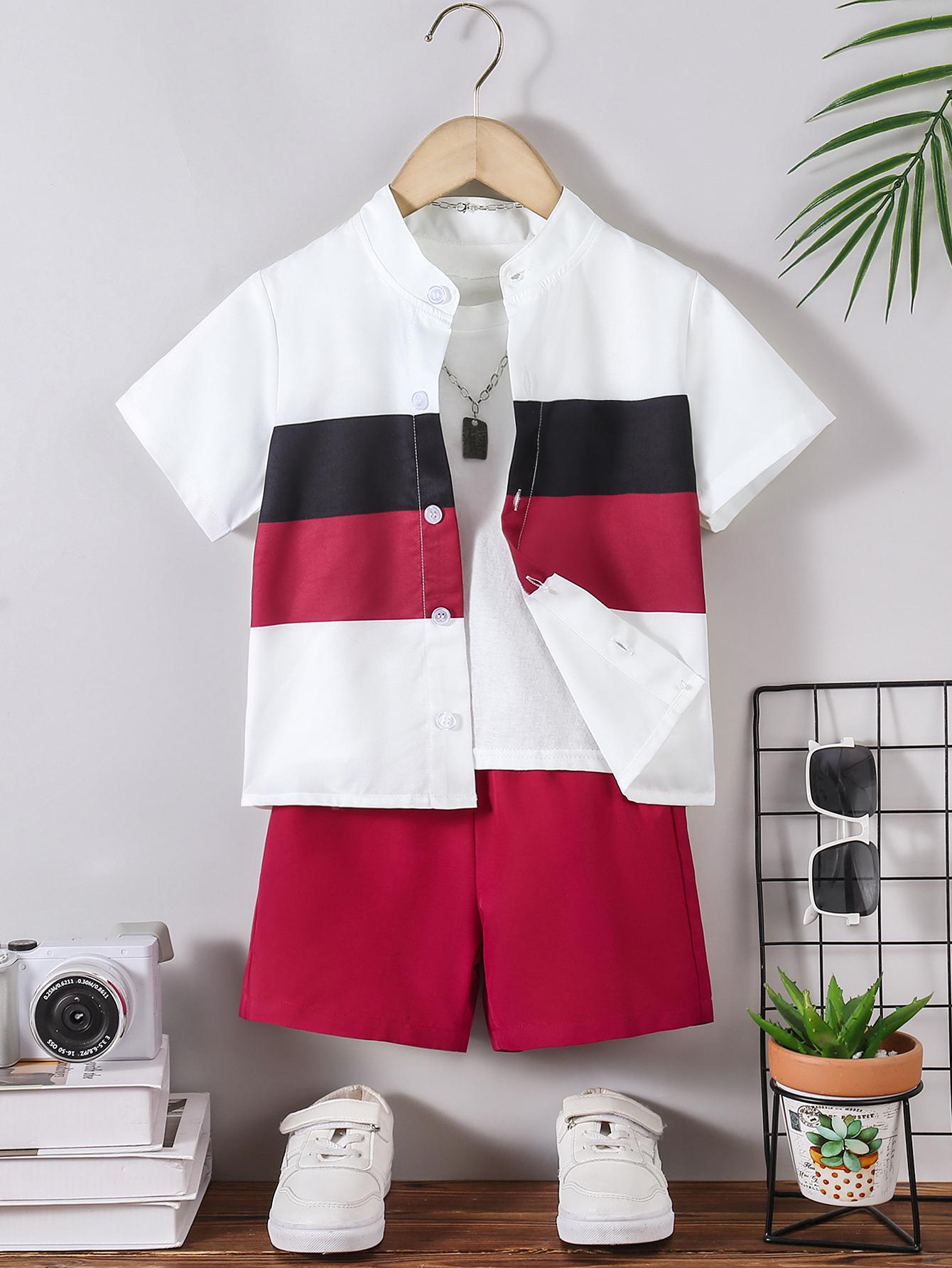 Boys  Two-Piece Fashion Set: Color-Block Stand-Collar Short-Sleeve Shirt & Red Shorts — Spring, Summer, and Autumn Styles 4Y красный