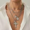 Hip-Hop Cross Pendant Necklace Set, Fashionable Diamond-Encrusted Portrait Tag Twist Chain Necklace.