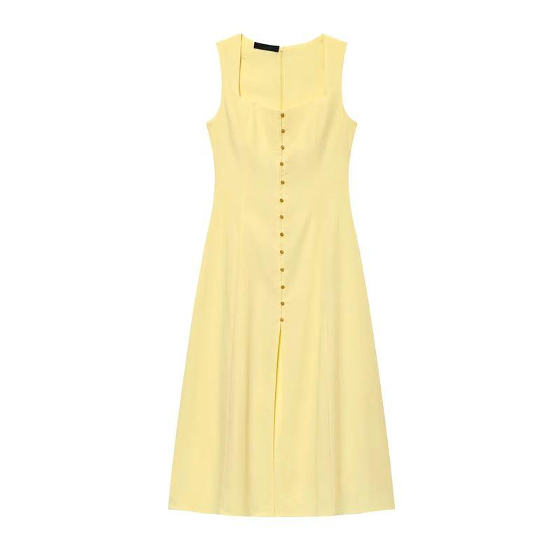 Summer Women Clothes Holiday Style Decorated Row Button Square Collar Linen Blend Midi Dress 6962030 6962029