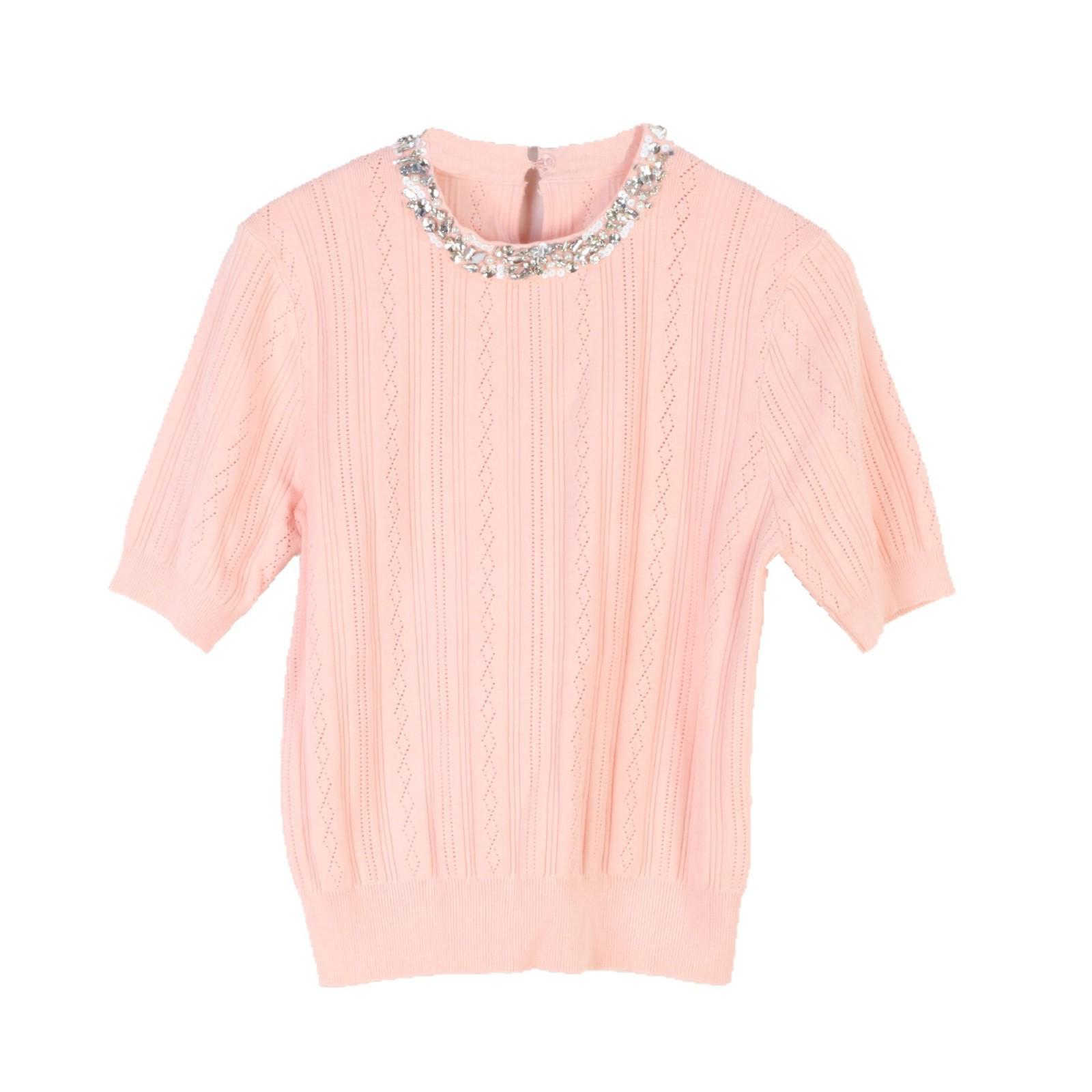 

Женский вязаный свитер с коротким рукавом и круглым вырезом, украшенный бусинами, весна/лето Medium