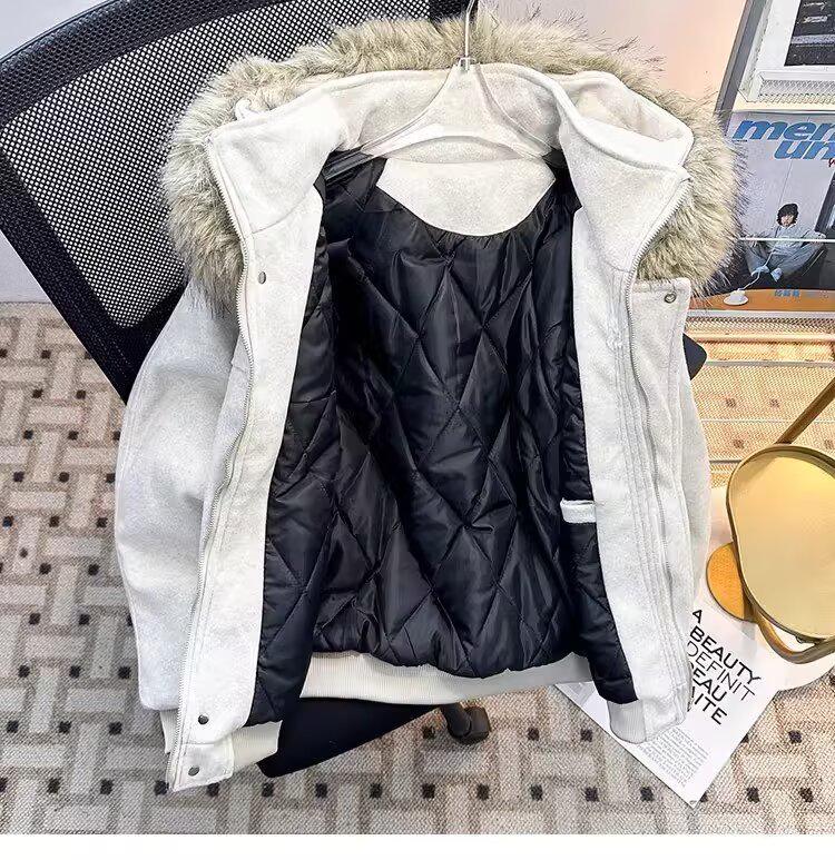 Zuoshandiao Unisex Hooded Wool Jacket with Fur Collar - Warm, Thick Cotton Outerwear for Autumn/Winter