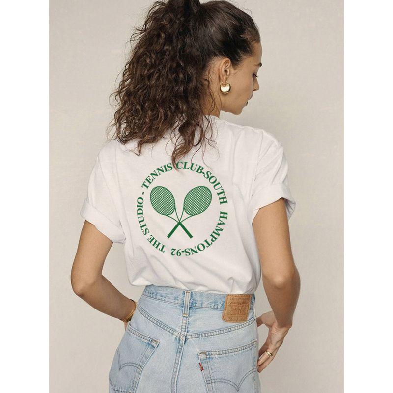 Women's Shoulder Short Sleeve T-shirt American Retro Sports Pure Cotton Loose Summer Tennis Tennis Club Half Sleeve Tops