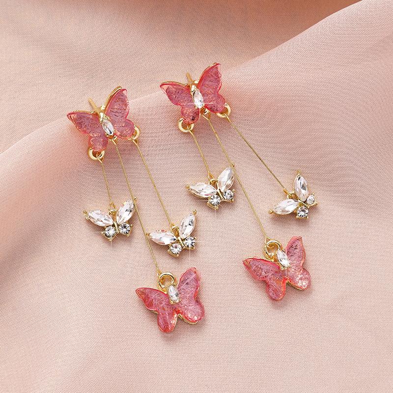 S925 Silver Purple Butterfly Tassel Earrings Women Luxury Crystal Long Dangle Vintage