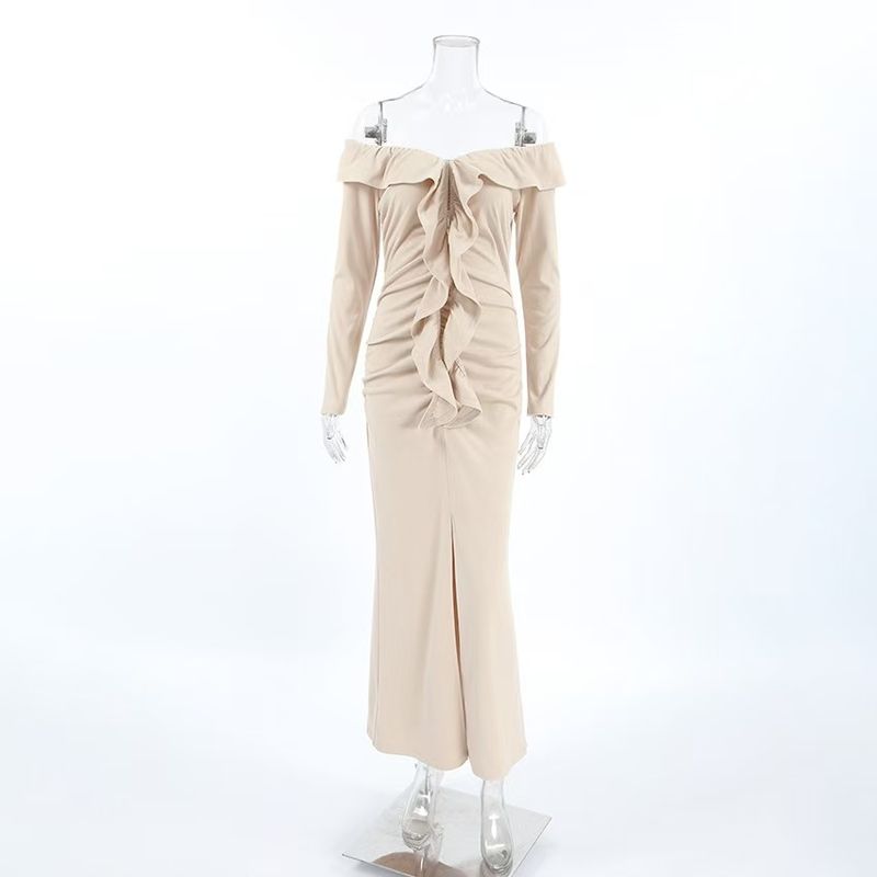 

European and American One-Neck Tube Top Split Fishtail Slim fit Frill Dress Lotus Leaf Slim Dress Khaki M