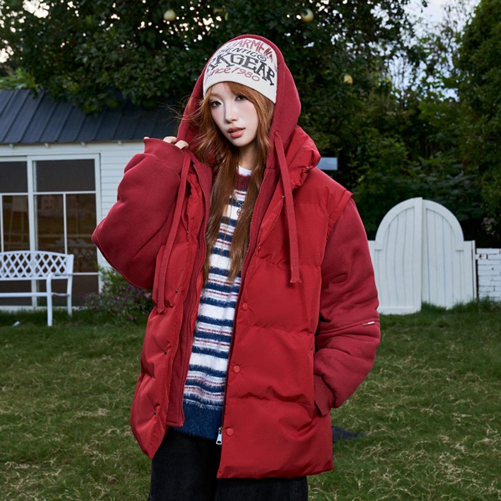 

Winter new couple fake two men s cotton-padded coat hooded thickened warm American retro casual cotton-padded jacket winter coat S красный