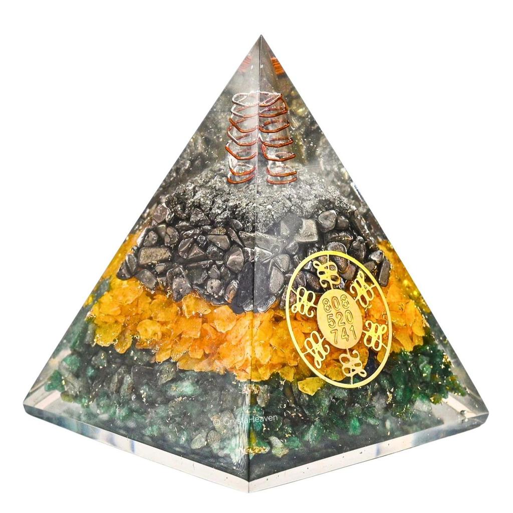 Geldmagnet Pyrit Pyramide Vastu für Zuhause - Zertifizierter Pyrit Citrin | Grüner Aventurin Stein Original Pyramide mit Zibu Symbol