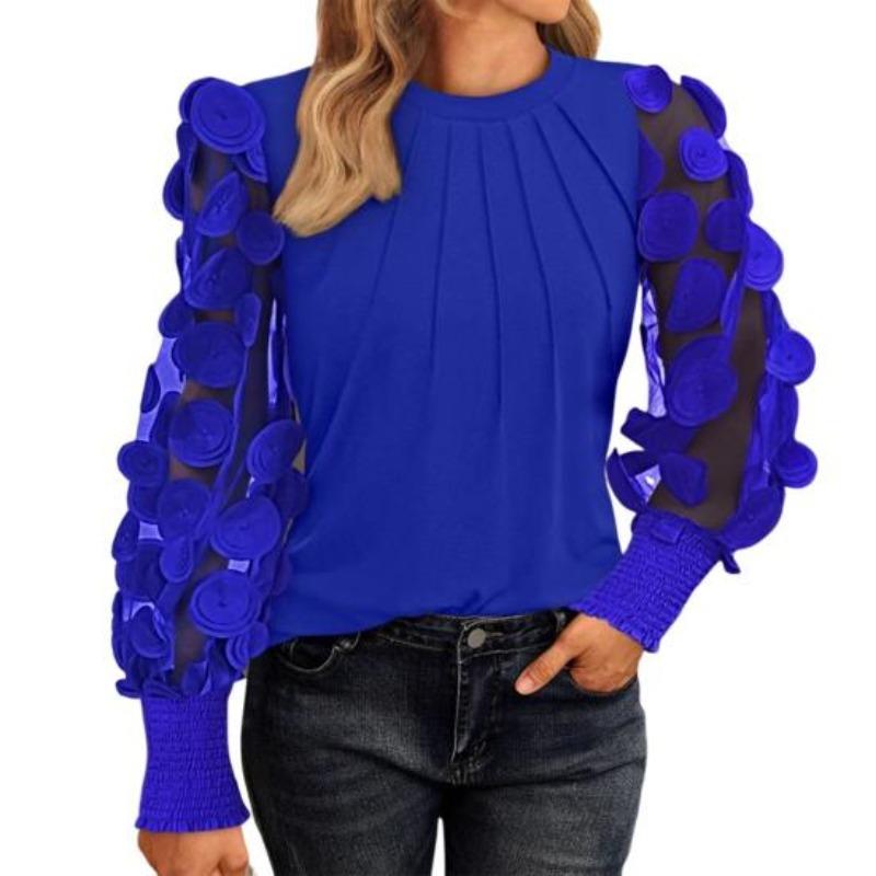 Top da donna, girocollo, in rete, a sbuffo, a maniche lunghe, tinta unita, versatile, stile camicetta