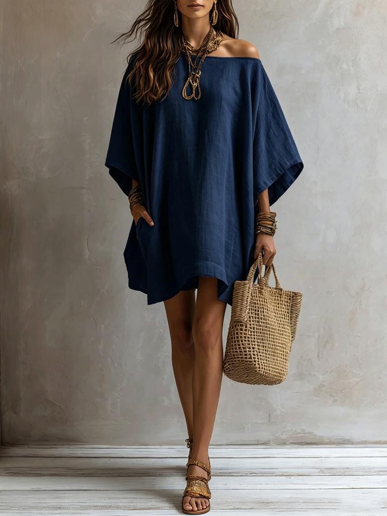 New hot-selling off-shoulder cotton and linen dress women's loose bat sleeve pocket medium and long vacation dress