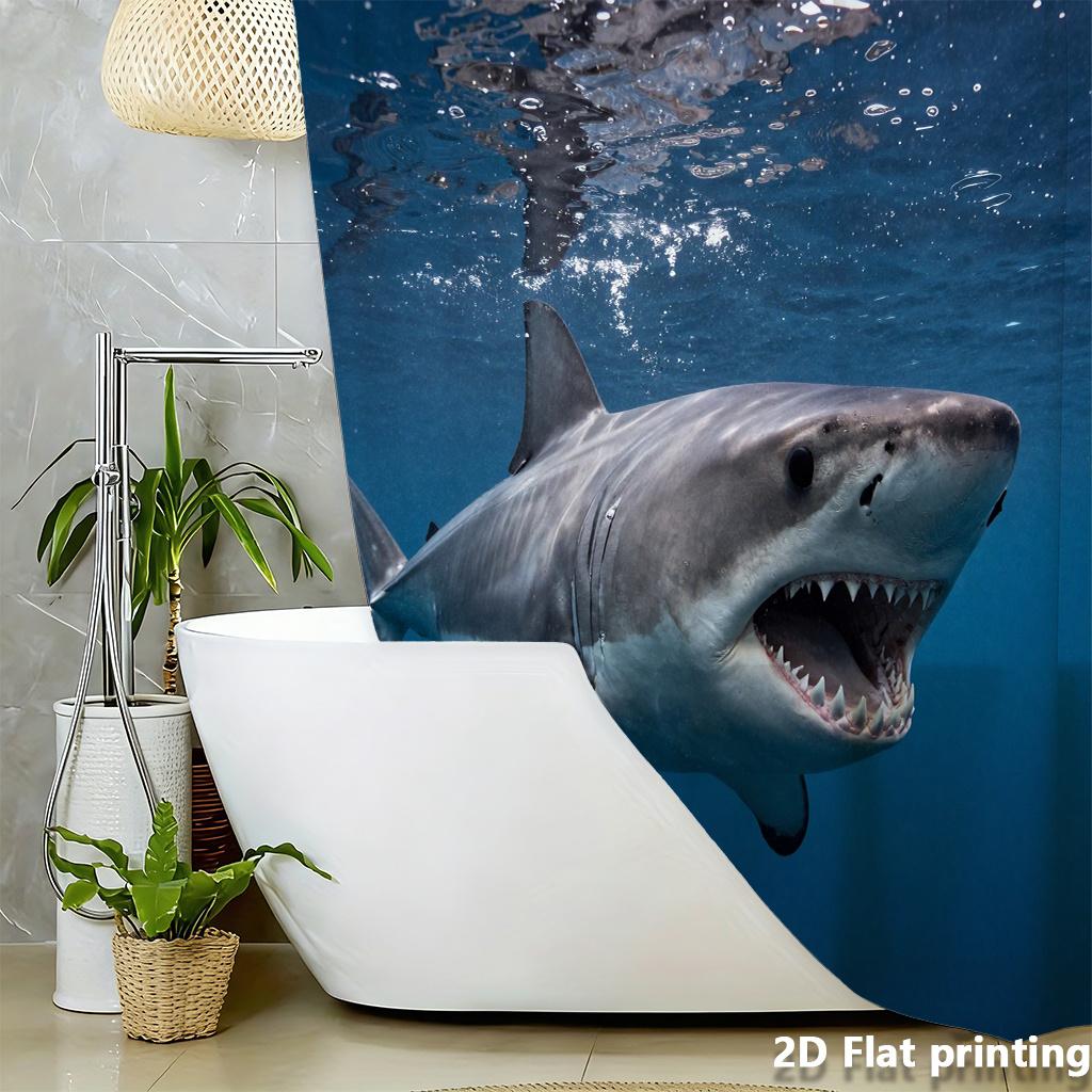 Tenda da Doccia Sottomarina Realistica Squalo Bianco Impermeabile Facile da Pulire Protezione della Privacy Design Artistico Animale Marino Moderno