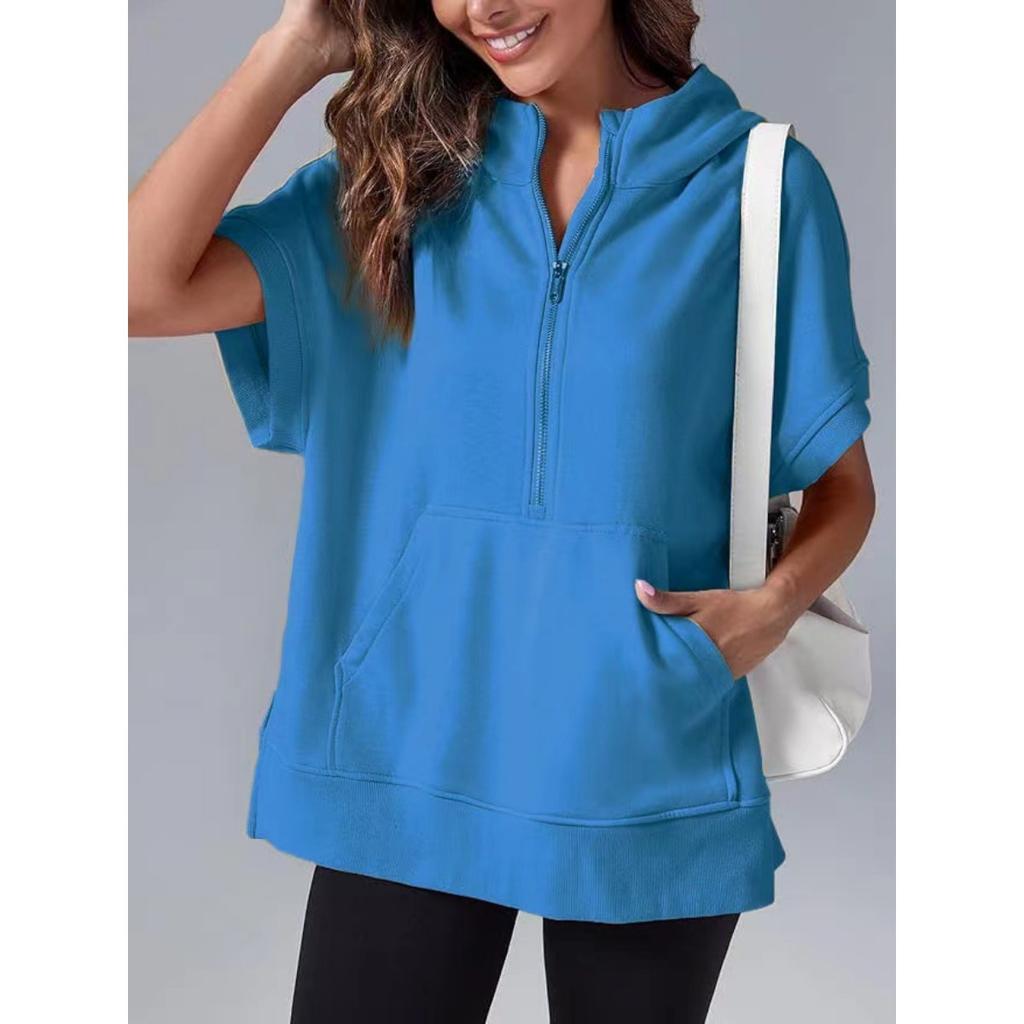 Women's Hooded Short Sleeve Half Zip Oversized Casual Sweatshirt With Pockets