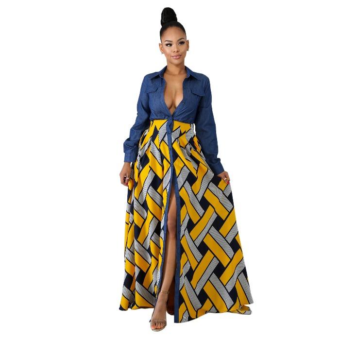 Spring and summer new European and American long dress women's denim with woven printed pendulum splicing dress