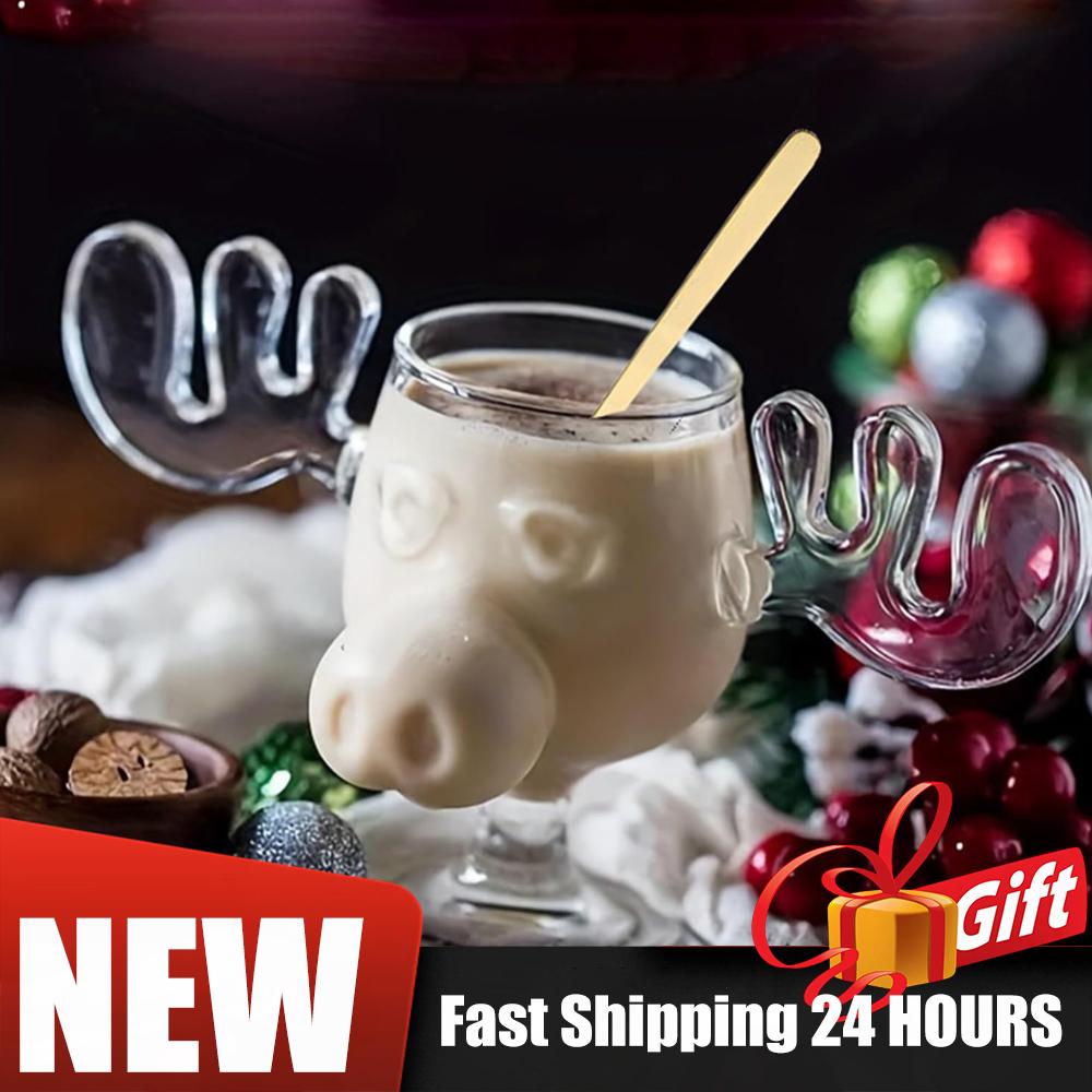 Creative Elk Glass Cup 8oz 240ml Christmas Vacation Moose Mug With Cat Spoon Xmas Reindeer Head Coffee Cup Wine Mug Water Cup
