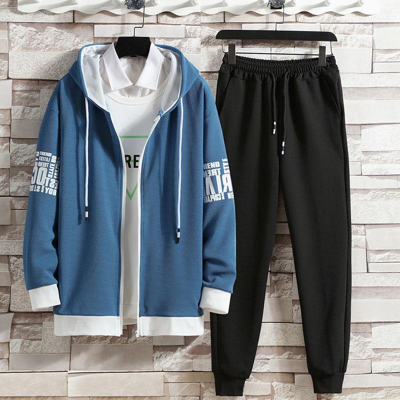 Spring and Autumn Trend Hooded Cardigan Sports Top Trousers Youth Leisure Sports Sweater Student Solid Color Fashion Suit Male