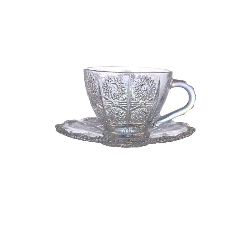 200ml Coffee Cup Set Luxury Retro Embossed Coffee Glasses Plate and Mug Household Latte Cup Glass Tea Cup Sets