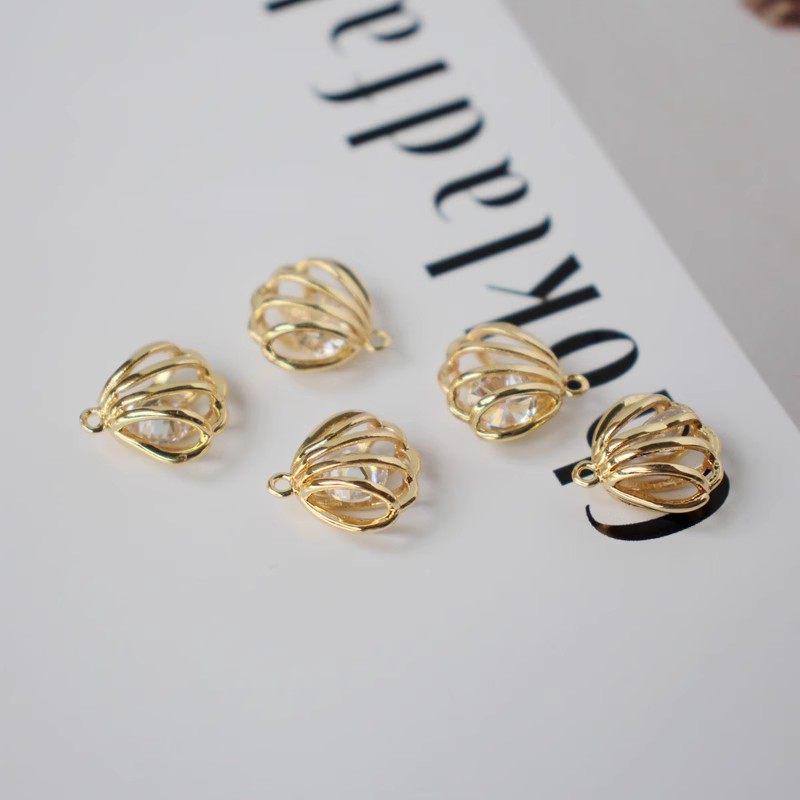 14K Gold-Plated Colorfast Hollow Zircon Seashell Pendant for DIY Scallop Bracelets, Necklaces, and Earrings
