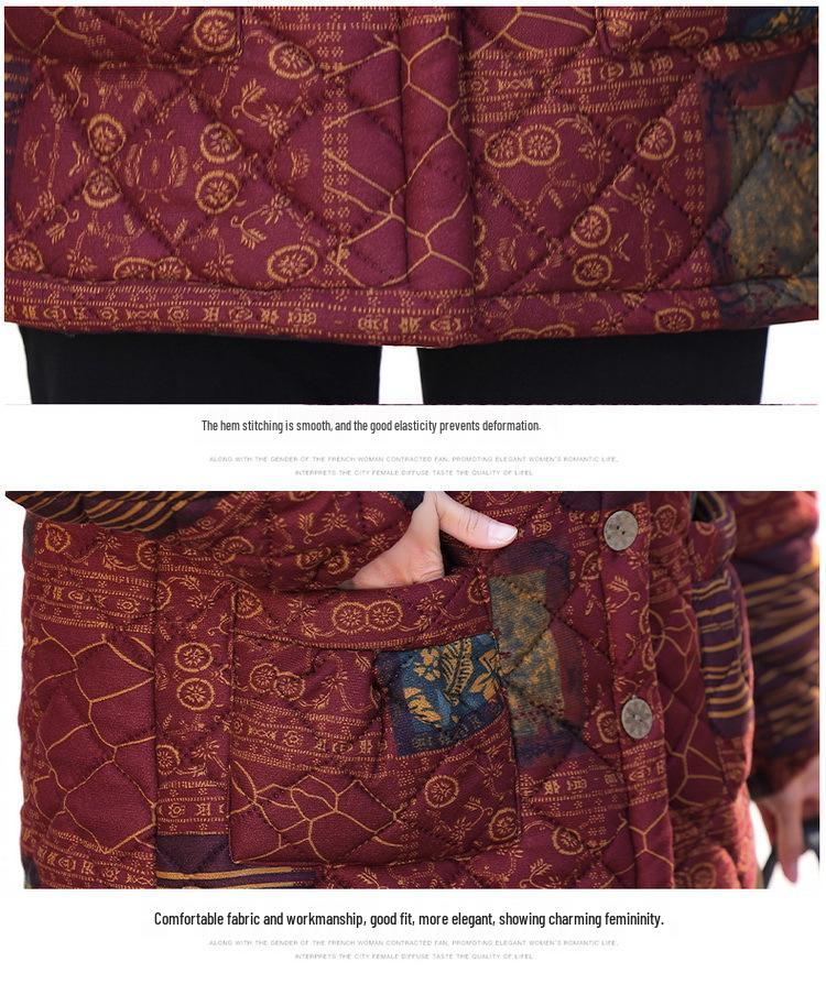 Floral Hooded Velvet Cotton Jacket for Middle-Aged & Elderly Women - Warm Winter Coat