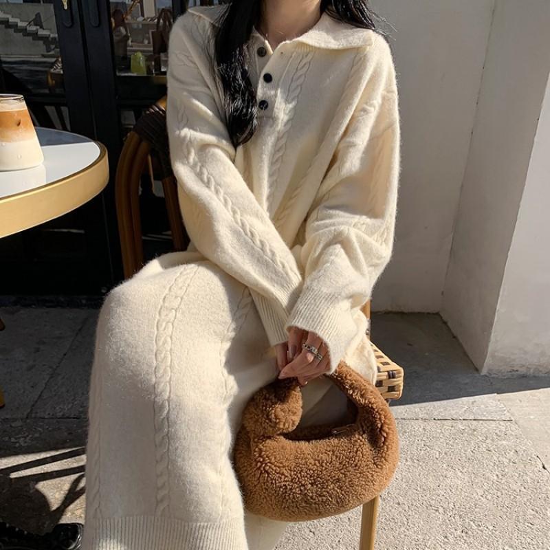 New autumn and winter knitted dress women's loose fashion lapel twist primer sweater skirt women's fashion trend