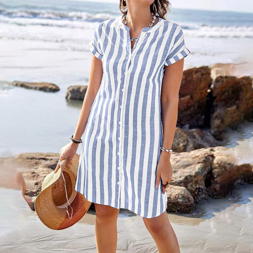 Women's Casual Cotton And Linen Striped Printed Short Sleeved Shirt Dress