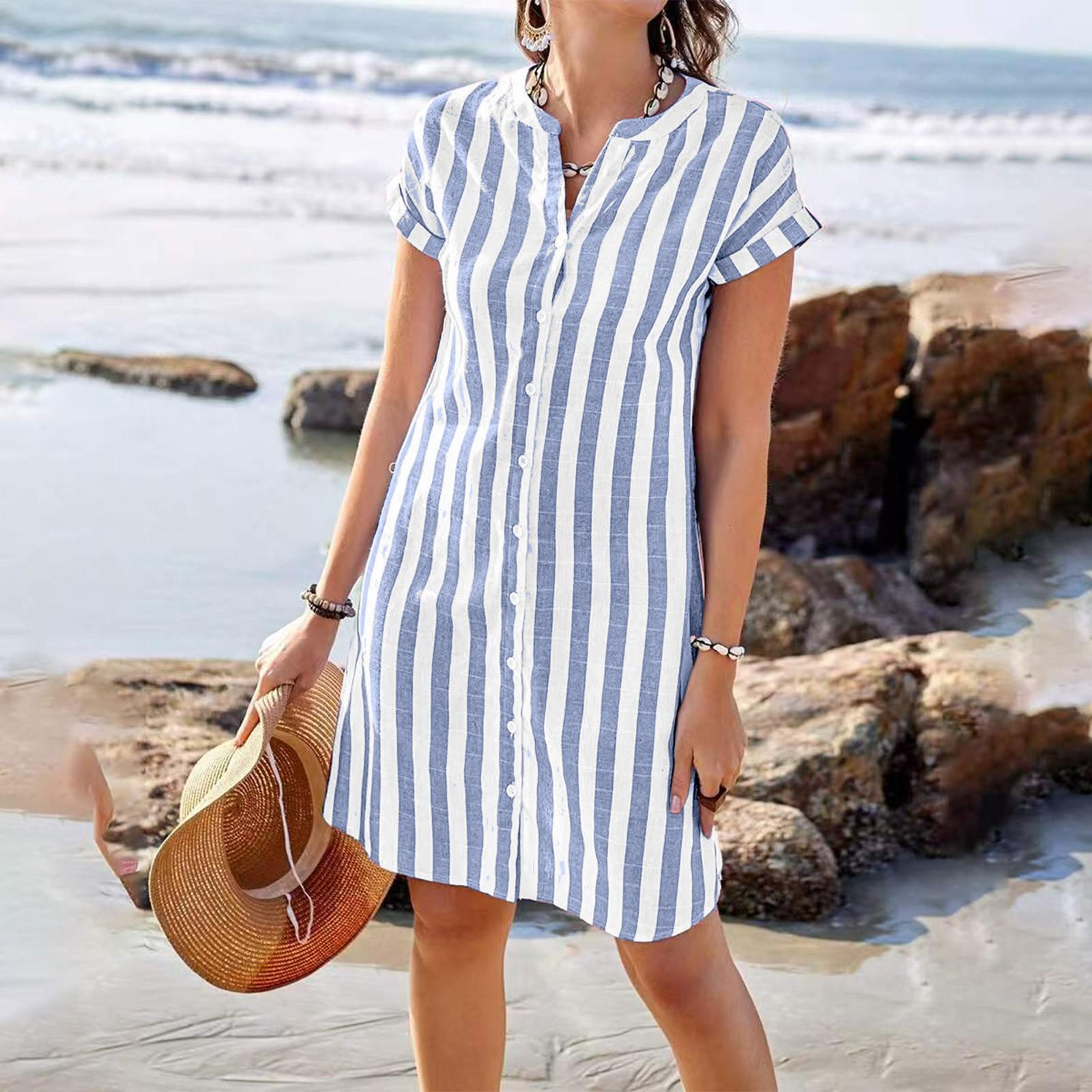 

Женское повседневное хлопково-льняное полосатое платье-рубашка с коротким рукавом и принтом M