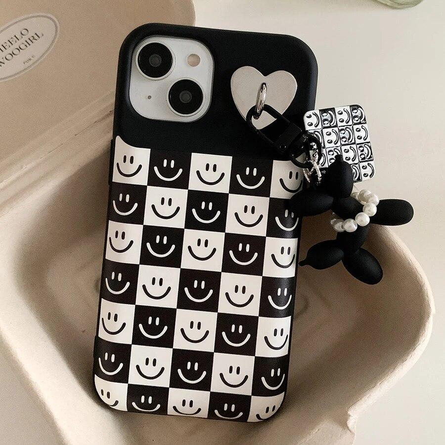 Black White Checkered Back Covers For iPhone 15 14 13 12 11 Pro Max Plus With Pendant Air Cushion Checkerboard Phone Cases New