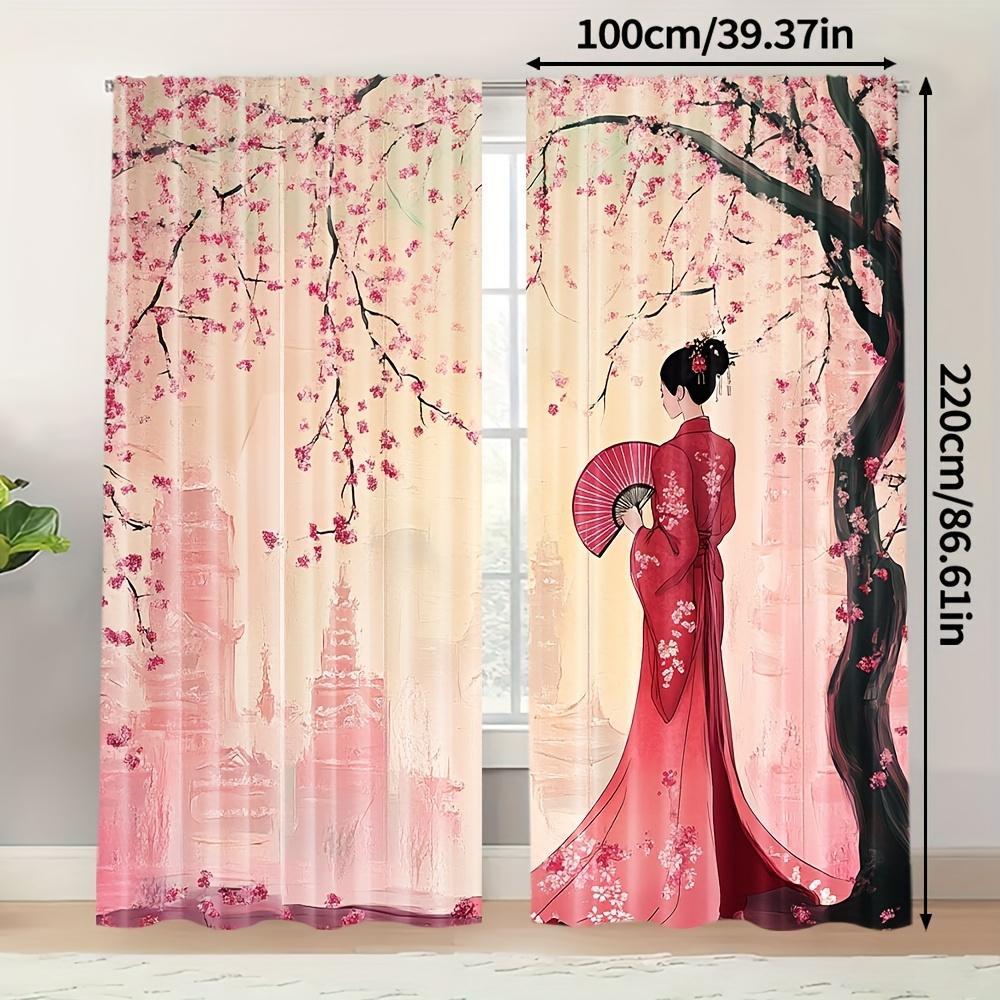 2pcs Oriental Lady Print Curtains Cherry Blossom Pagoda Pattern Elegant Style Polyester Window Drapes for Bedroom Living Room 60×150
