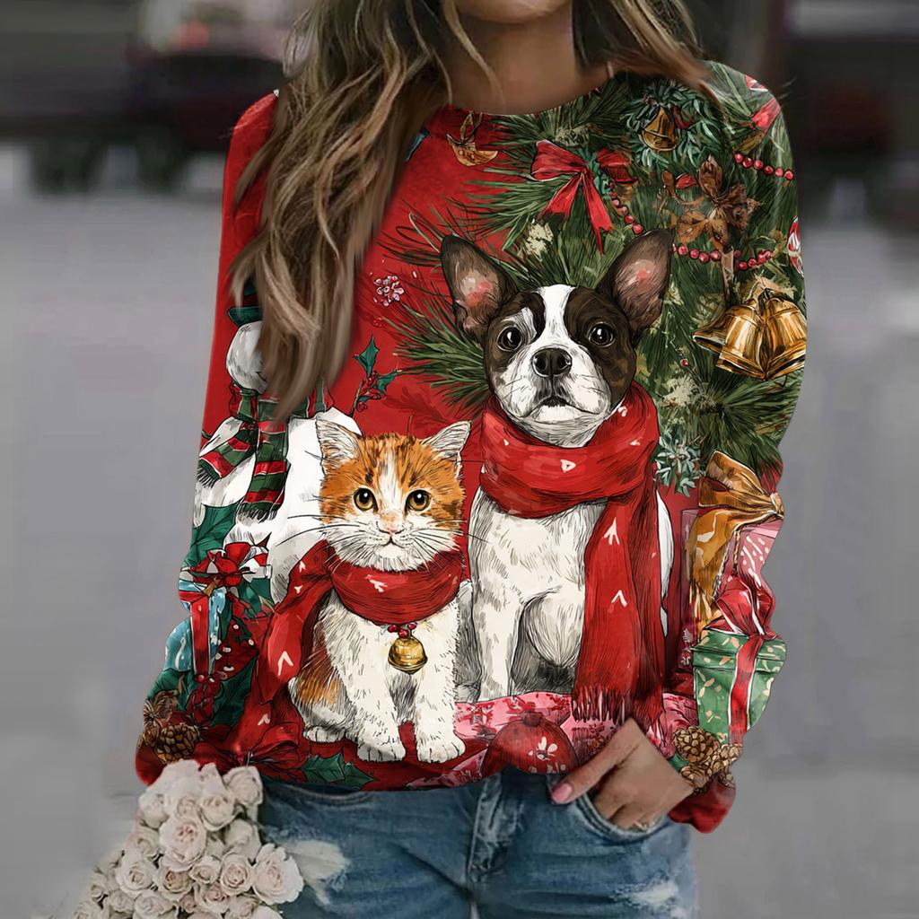 Women's Fashion Casual Long Sleeve Christmas Printed Neck Sweatshirt Top