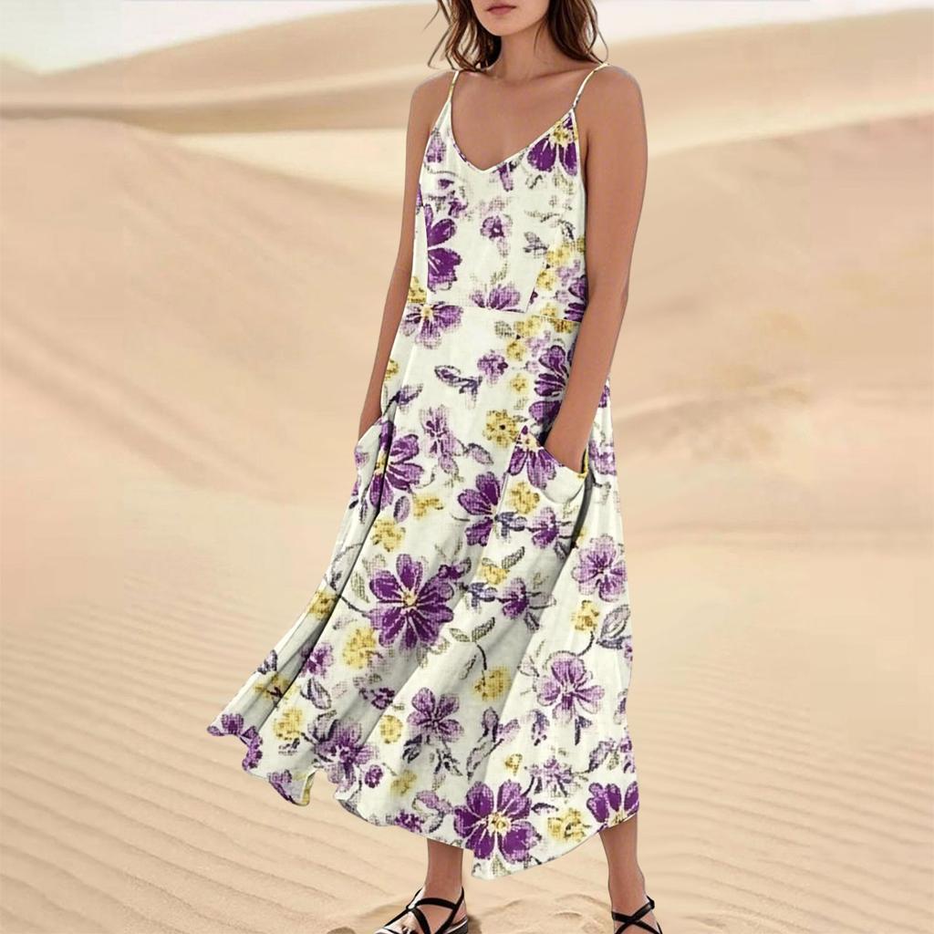 Women's Fashion Casual Floral Print Sleeveless Pocket Long Beach Dress