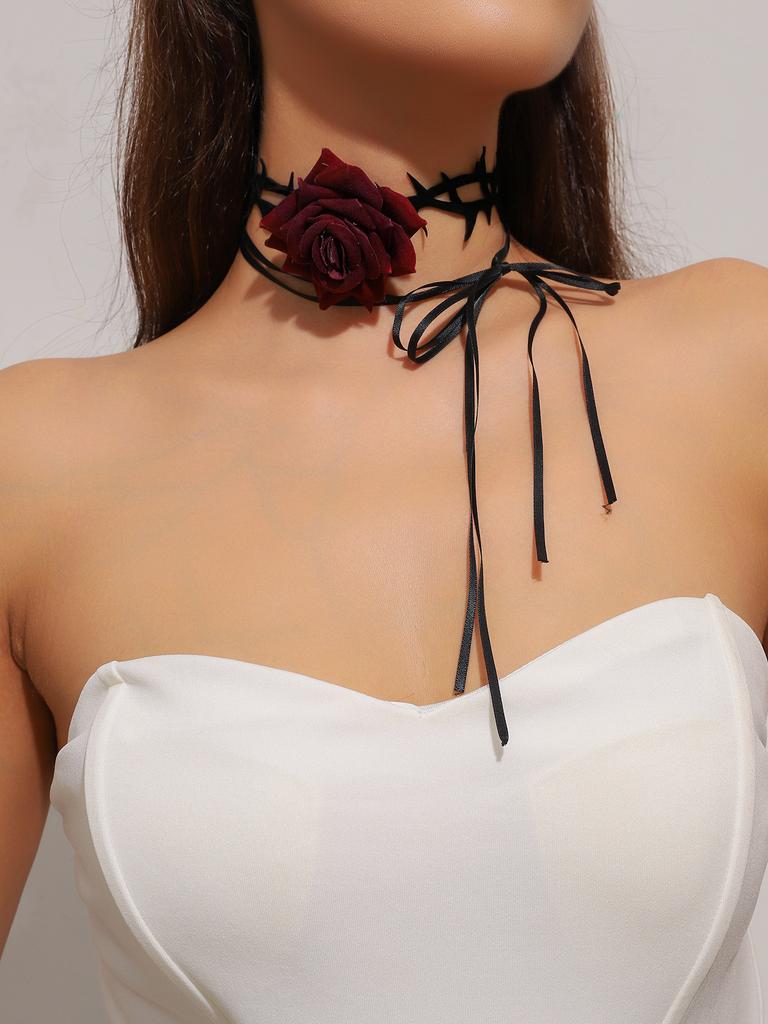 Vintage Black Lace Rose Necklace Bracelet Ring Set Women's Dinner Party, Dark Wind Neck Chain Bracelet