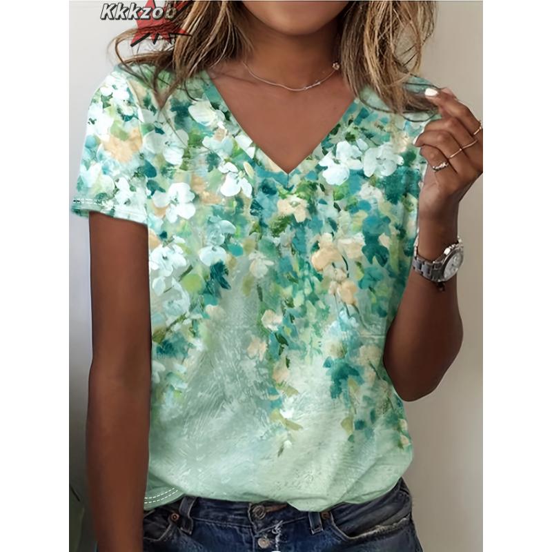 Damen T-Shirts V-Ausschnitt 3D Kunstdruck Tops Locker Kurzarm T-Shirts Sommer Streetwear Mode Lässig Übergroße Damenbekleidung
