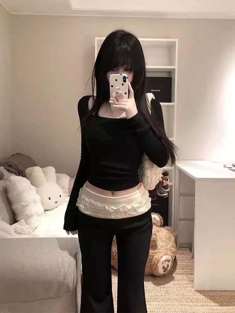 Spring/Summer 2025 Women's Pleated Lace Micro-Flare Ballet Pants - Floor-Length Trousers