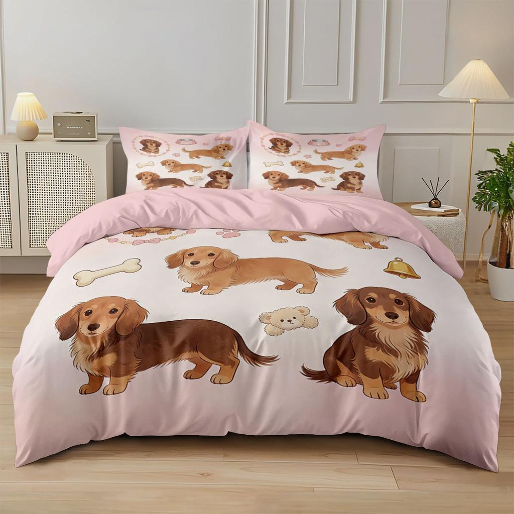 Set Copripiumino 3 Pezzi Cane Bassotto Carino Stampa Animalier Senza Cuciture, Decorazione Biancheria da Letto Multitaglia, Lavabile in Lavatrice