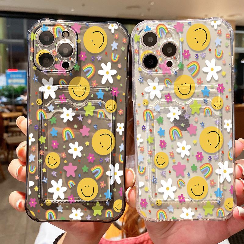 Card Holder Smile Phone Case For iPhone 11 Fundas iPhone 13 16E 16 Pro Max14 15 12 XR X Xs 7 8 Plus SE Shockproof Soft TPU Cover