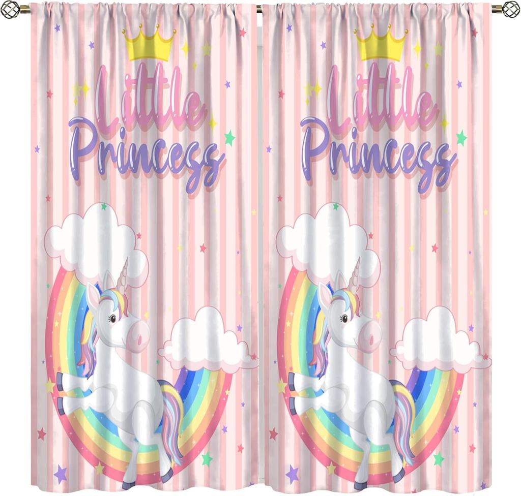 Unicorn Curtains Kids Room Colorful Cute Cartoon Rainbow Clouds Stars Print Window Treatments Drapes Curtain With Rod Pocket Polyester Perfect For