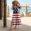 American Flag Flower Pattern Slim Long Dress V-neck Short Sleeve Side Split Hanging Loose Medium and Long Dress