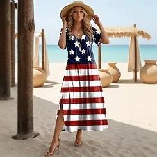 American Flag Flower Pattern Slim Long Dress V-neck Short Sleeve Side Split Hanging Loose Medium and Long Dress
