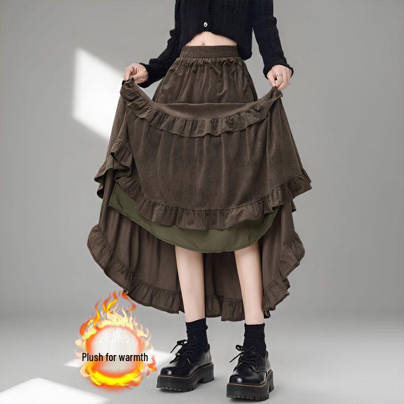 Women's 2026 A-Line Layered Velvet Umbrella Skirt with Elastic Waist - Mid-Length, In Stock