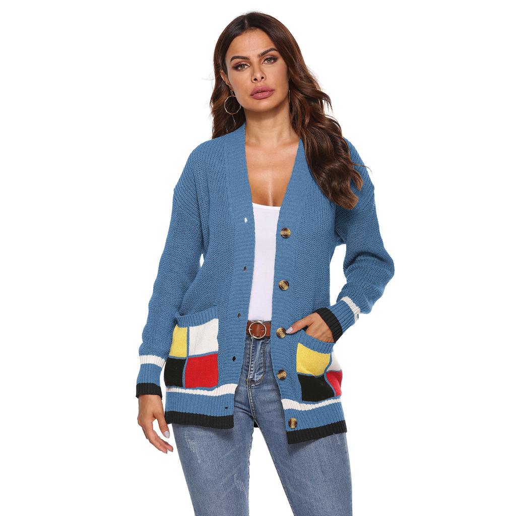 Autumn and Winter Women's Thickened Cardigan Colour Blocking Pockets Single-breasted V-neck Casual Jumper