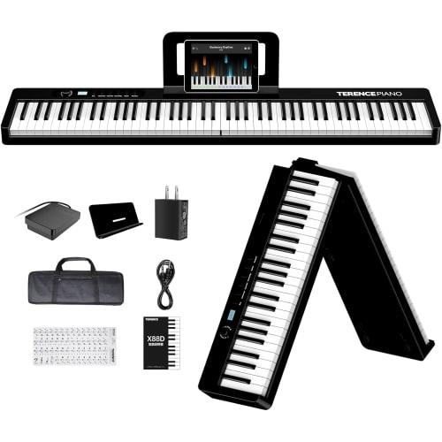 TERENCE X88D Digital Piano, 88 Keys, Foldable, 10W Dual Speaker Output, Acoustic Piano Size, Dual Tones, Metronome, Recording, MIDI Functions, Recharg