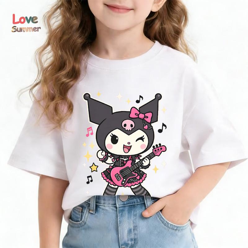 Kuromi T-Shirt Cute Cartoon Little Girls T-Shirt 4-14Yrs O Neck Short Sleeve Cat Print Casual Summer Top for Comfy