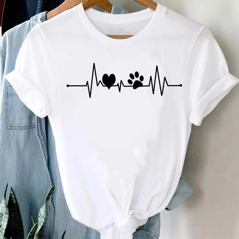 Women Unisex T Shirt Fashion Dog Heartbeat Print T-shirt Funny 90s Print T Tee Womens Tshirt for Female Red Shirt Clothes Tops